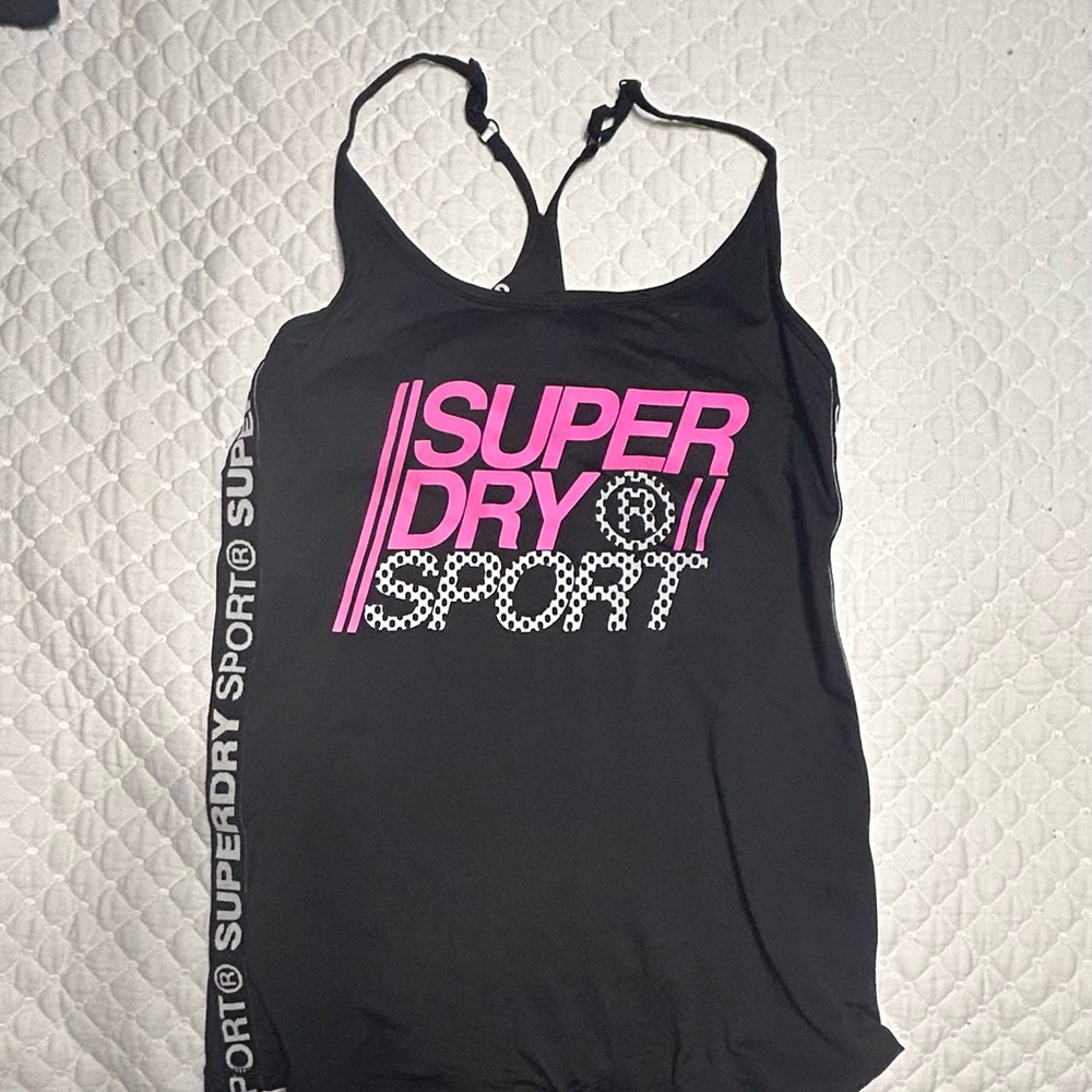 Superdry Sport Black Tank Top with Pink Logo